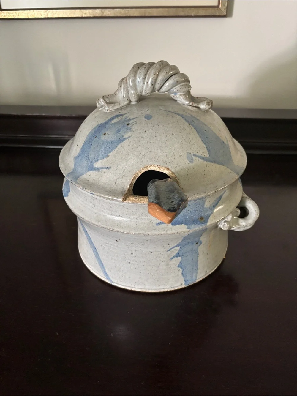 Handcrafted Vintage Signed Stoneware Lidded Pot,Ladle Brushstroke Accents